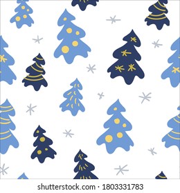 Seamless Christmas pattern on white background. Vector illustartion with blue x-mas tree, snowflake and gold tree toy. Ornament for packaging, wrapping, wallpaper