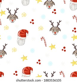 Seamless Christmas pattern on a white background. Santa, deer, snowflakes and sugar cane. Vector. Cartoon style. Santa's head with a striped hat. Suitable for fabric, paper and wallpaper.