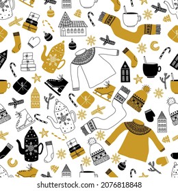 Seamless Christmas  pattern on white background. Christmas decor, gifts, snowflakes, houses, cute stuff. New year. Hand drawn vector illustration.