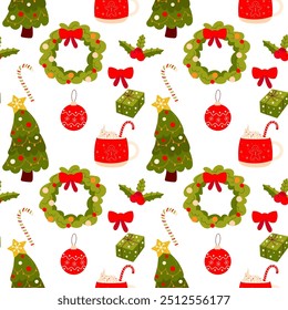 Patrón de Navidades sin fisuras sobre fondo blanco Árbol de Navidad, regalo, juguete.  Fondo para papel de regalo o tela.