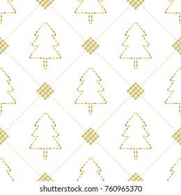 seamless christmas pattern on white background with golden pine tree