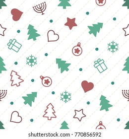 seamless christmas pattern on white background with colorful icon and green dot glitter
