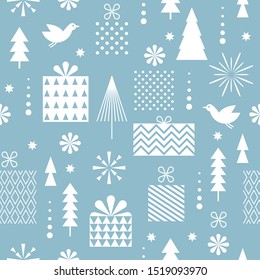 Seamless Christmas pattern in one blue color. Stylized Christmas gift boxes, snowflakes, trees. Idea for fabric, tablecloth pattern, wrapping paper, gift paper