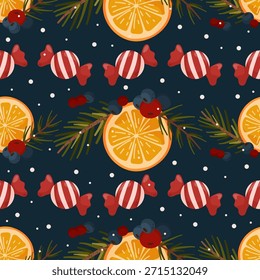 Seamless Christmas pattern with orange slices, wrapped candies, pine branches, berries, and falling snow on a dark blue background. Festive winter illustration suitable for wrapping paper, textiles, wallpapers, packaging, stationery and holiday design