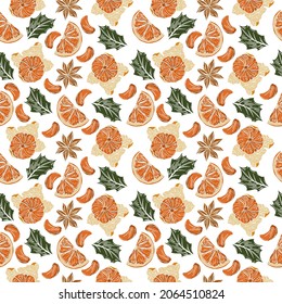 seamless christmas pattern orange and tangerine, holly leaf. vector illustration for wrapping paper and textiles.
