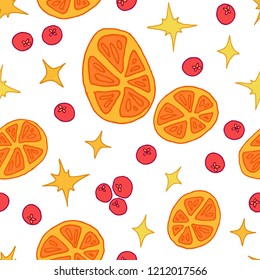 Seamless christmas pattern with oranges, berries and stars
