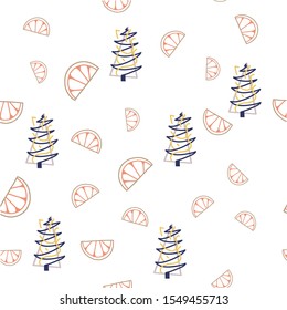 Seamless Christmas pattern with oranges, tangerines and Christmas trees. Modern flat style