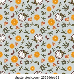 Seamless Christmas pattern. Oranges, tangerines, red berries