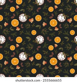 Seamless Christmas pattern. Oranges, tangerines, red berries