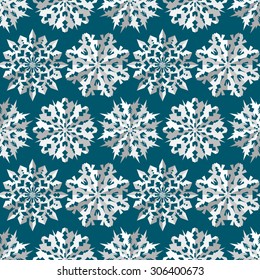 Seamless christmas pattern. Origami, paper  white snowflakes silhouettes on blue, aqua background. Paper cut out convex sign with shadow. Winter theme texture. Vector illustration.