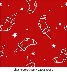 Seamless christmas pattern ornament decoration background. Christmas and New Year vector illustration greeting card. White and red christmas colors. Stars and socks. Winter holidays. 