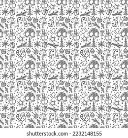 Patrón de navidad sin foco. adorno de navidad. Iconos de Doodle con iconos de año nuevo