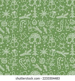 Patrón de navidad sin foco. adorno de navidad. Iconos de Doodle con iconos de año nuevo