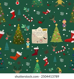 Patrón de Navidad sin fisuras con adornos. Concepto de papel de embalaje de Navidad bueno para textiles, Fondo de pantalla, impresiones de tela o papel de embalaje. Elementos sobre fondo verde oscuro. Ilustración vectorial