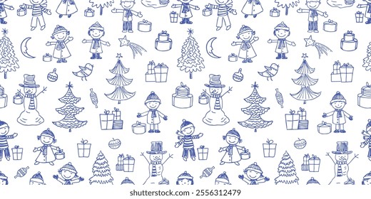 Seamless christmas pattern of outlines happy cartoon children, gifts, snowmen, fir trees in holiday eve, vector background, paper, wrapping, textile