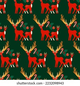Seamless christmas pattern pair of deer flat style with candy cane, holly berry, Christmas ball