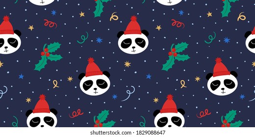 Seamless christmas pattern with pandas in hats, mistletoes, stars, snowflakes and confetti. Colorful vector illustration for textile, wrapping paper, scrapbooking
