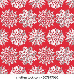 Seamless christmas pattern. Paper snowflake origami white icon silhouettes on pink red background. Paper cut out convex sign with shadow. Winter theme texture. Vector illustration.