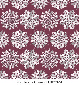 Seamless christmas pattern. Paper snowflake origami white icon silhouettes on pastel vinous background. Paper cut out convex sign with shadow. Winter theme texture. Vector illustration.