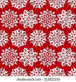 Seamless christmas pattern. Paper snowflake origami white icon silhouettes on red background. Paper cut out convex sign with shadow. Winter theme texture. Vector illustration.