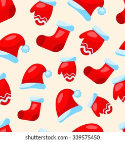 Seamless Christmas pattern part Santa costume mittens hats boots - vector