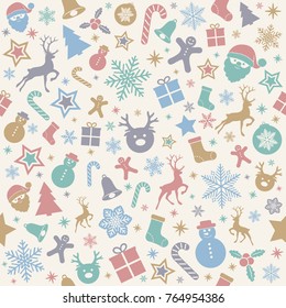 Seamless Christmas pattern with pastel coloured decoration. Vector.	