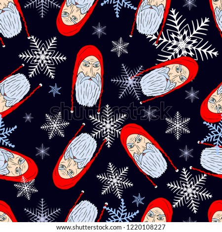 Seamless Christmas pattern of the peculiar heads of the medieval Santa Claus with snowflakes