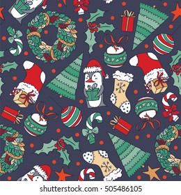 Seamless christmas pattern with penguin and present, christmas tree and objects. Doodles in simple graphic style. Vector decorative illustration in blue and red colors on dark blue background.