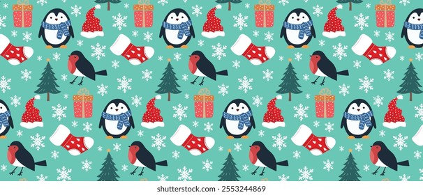 Seamless Christmas pattern with penguin, Christmas stocking, trees and gifts. Vector.