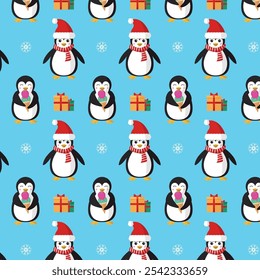 Seamless Christmas pattern with penguins, gifts and snowflakes on a blue background.