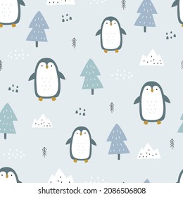 Seamless Christmas pattern with penguins on blue background. Hand drawn design in cartoon style. used for decoration Celebration Wallpaper Fabric Textile Vector Illustration