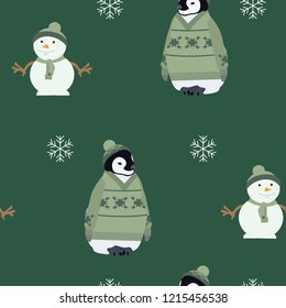 Seamless Christmas pattern with penguins in a sweater and snowmen on a dark background. For decoration of textiles, packaging, web design. Vector illustration.