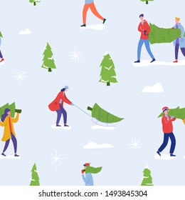 Seamless Christmas Pattern with people buying Christmas trees and celebrating winter holidays. Men, women characters, family New Year celebration Background for wallpaper, design. Vector illustration