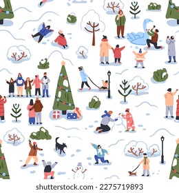 Seamless Christmas pattern, people during winter funs. Repeating print, snow nature, street with happy characters, families, kids at Christmas holiday time outdoors. Flat graphic vector illustration