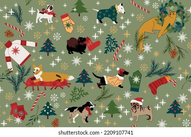 seamless christmas pattern with pets and fir tree. Cat, dogs and carnival costumes. Vector design for paper, fabric and other surface