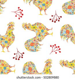 Seamless Christmas pattern with a picture of a rooster. Beautiful pattern for Christmas gifts. Stylish modern print in mexican style.
