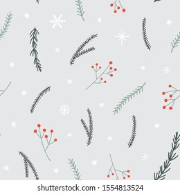 Seamless Christmas pattern with pine branches, snowflakes and red berries twig. Simple winter season texture.
