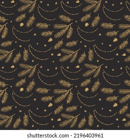 Seamless Christmas pattern with pine branches and cones in cartoon style