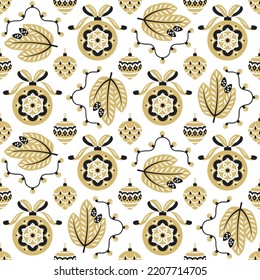 Seamless Christmas pattern with pine branches, holiday balls and garlands in gold and black style