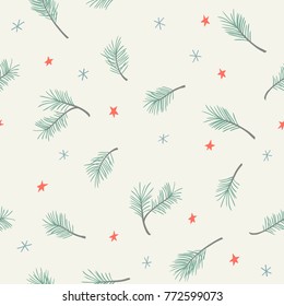 Seamless Christmas pattern with pine branches, stars and snowflakes