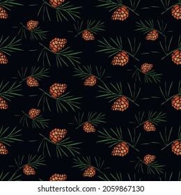 Нand-drawn seamless christmas pattern with  pine cones on a black background. Vector illustration for wrapping paper, cards, textiles and wallpaper.