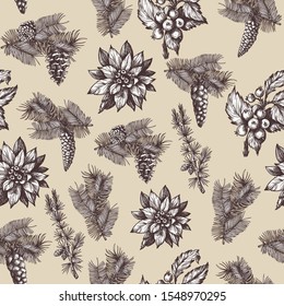 Seamless Christmas pattern with pine, holly berry in graphic style. 
