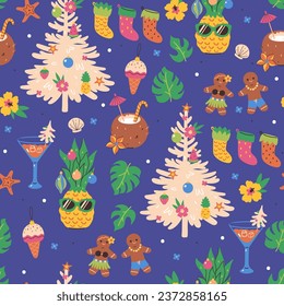 Seamless Christmas pattern with pineapples, coconuts, decorations and fir trees. Vector graphics.