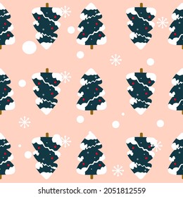 Nahtlose Weihnachtsmuster. rosafarbener Hintergrund mit Schneeflocken und Weihnachtsbäumen. Dekorative Tapete, gut zum Drucken. 