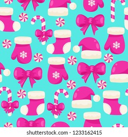 Seamless christmas pattern with pink mittens, bows, candy, hats, socks.