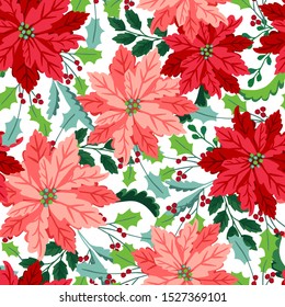 Seamless christmas pattern with pink and red poinsettia, holly, mistletoe and berries. Floral tile.