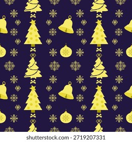 Patrón de Navidades sin fisuras con Elementos de vacaciones estilo pixel art. Fondo repetitivo con árboles de Navidad, campanas, copos de nieve, corazones, arcos y adornos en amarillo sobre fondo azul oscuro.
