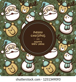 Seamless christmas pattern with place for text. Design for fabric, greeting card, holiday decoration and invitation. Vector illustration with cute Santa, bear, deer and snowman on green background.
