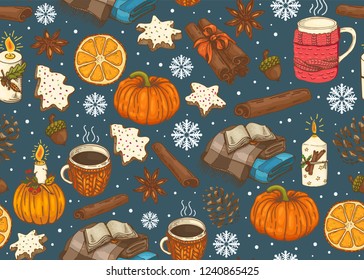 Seamless Christmas pattern with a plaid, cup, pumpkin, cookies, spices, etc