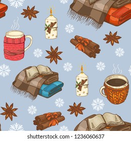 Seamless Christmas pattern with plaids, cups, candles and snowflakes.